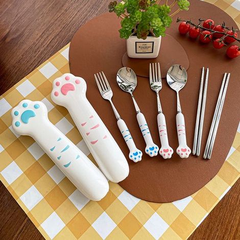 2-teiliges Katzenpfoten-Essstäbchen-Set Katzenpfoten-Essstäbchen-Besteckset aus Edelstahl wiederverwendbares Gabel und Löffelset aus Edelstahl rosa (1/5)
