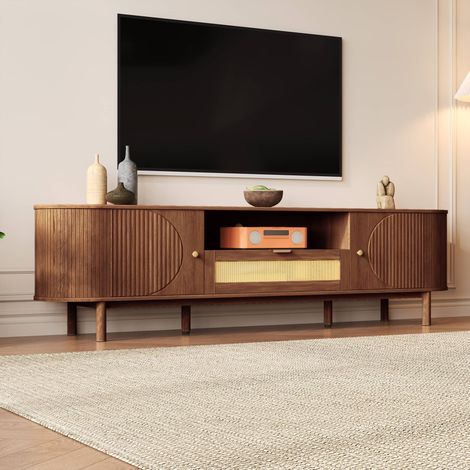 Meuble TV bas 175 x 36 x 51 cm, niche passe-câbles, 1 tiroir effet rotin et 2 portes, en MDF, style vintage, noyer (1/5)