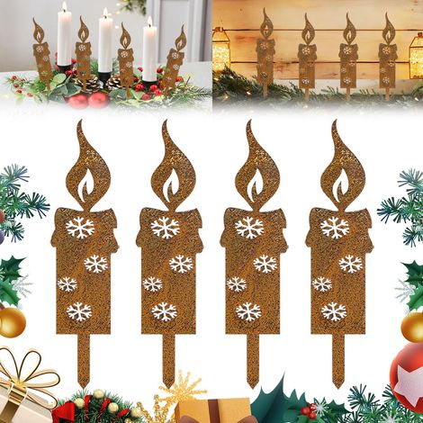 Weihnachtskerzen aus rostigem Metall, 4-teiliges Set rostiger Weihnachtsdekorationen aus Metall, rostige Weihnachtskerzen, rostige Gartendekoration, rostiger Gartenstecker, für Pflanzgefäße, für den A (1/5)