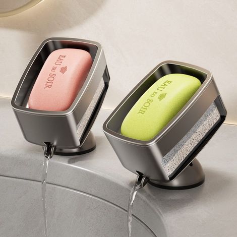 Deux porte-savons à ventouse avec une inclinaison de 28° et un porte-savon amovible, adaptés aux salles de bains ou aux cuisines. (1/5)