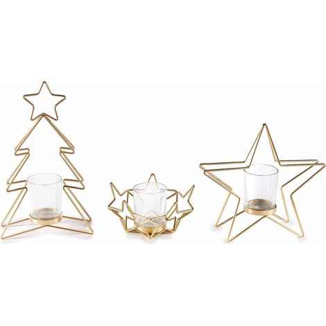 Portacandele natalizi in metallo dorato a forma di stella e albero set 3 pezzi (1/2)