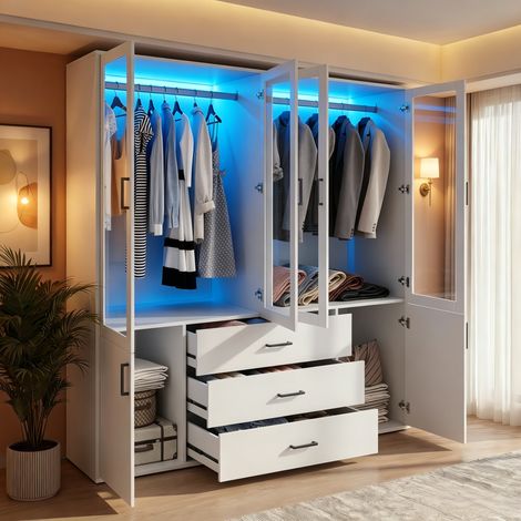 JOOKGBD-Kleiderschrank mit integrierter LED-Beleuchtung, Doppelte obere Türen mit Spiegelglas,3 mittlere Schubladen und 2 Seitentüren,Großer Stauraum für Schlafzimmer oder Wohnzimmer,Weiß