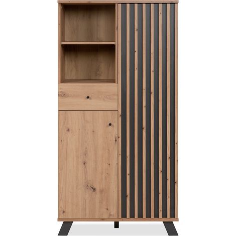 Buffet haut 2 portes 1 tiroir 80x40x156 cm décor chêne - MEDAN (1/5)
