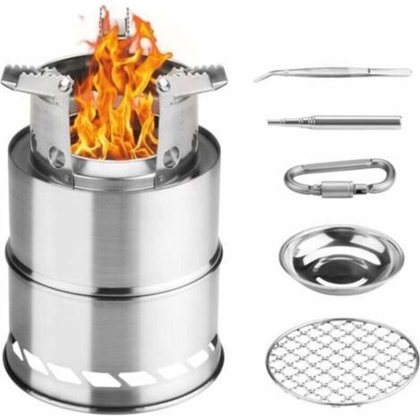 Campingkocher, faltbarer, kleiner, tragbarer Edelstahl-Holzkocher für Grillen, Wandern, Camping und Picknicken mit Grillrost und Spiritusschale (1/5)