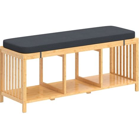 Banc de rangement en bambou avec coussin rembourré et étagères ouvertes 102 cm (1/5)