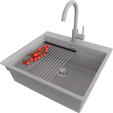 PRIMAGRAN Evier Cuisine en Granit 58x53cm, Lavabo 1 bac + Robinet 32x20cm + Kit de Vidage + Accessoire, Évier à Encastrer au meuble 60cm - Oslo Max, Gris (1/5)