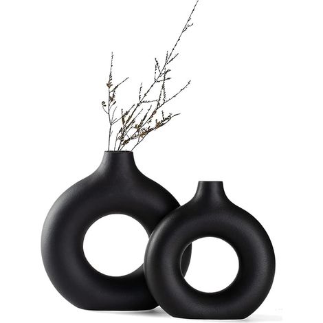 Set Black Ceramic Donut Vase Home Decor Modern Round Matte Vase Pampas Grass Minimalist Nordic Style (1/5)