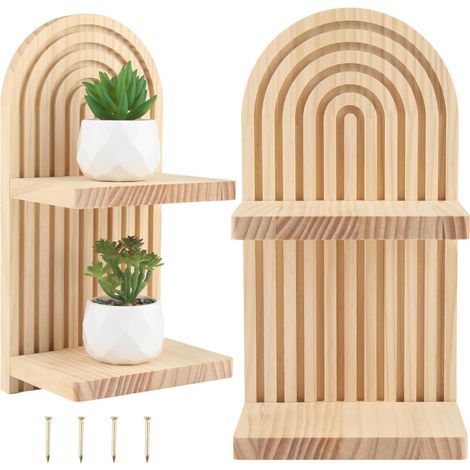 APEX Étagère murale bohème en bois massif, composée de 2 pièces, fabriquée à la main, avec double étagère, décoration murale. (1/5)