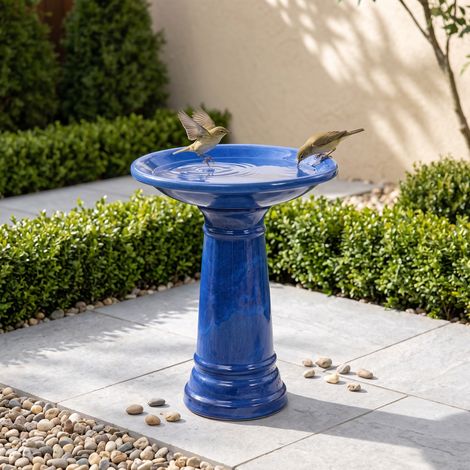 Bain d'oiseaux en céramique artisanale Ø31,5 cm H38 cm, bleu roi brillant, résistant aux intempéries et au gel, pour jardin, terrasse et balcon. (1/5)