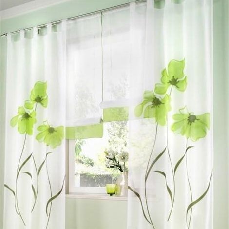 rideau écharpe imprimé fleurs pour salon chambre boucle largeur et hauteur 2 pièces 150 cm 270 cm Vert (1/4)