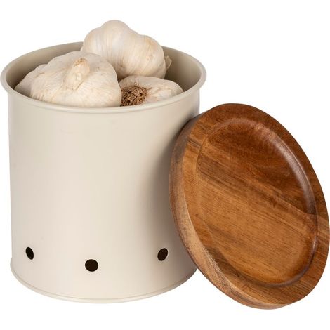 Boîte Aria 1,6 L beige métal 2 pièces 13,5 cm boîte de conservation alimentaire boîte hermétique rangement cuisine boîte à oignons et à ail avec couvercle en bois naturel décoratif