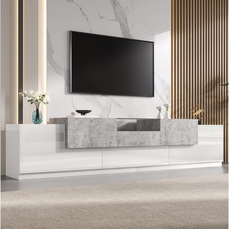 Mobile TV 200 x 33 x 48,5 cm con ripiano vetro, cassetto, anta a ribalta e passacavi bianco HAVRYA (1/5)