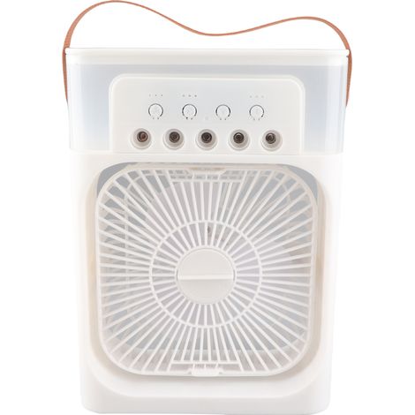 Ortviai Ventilateur de bureau avec humidificateur, refroidisseur d'air compact 3 vitesses, brumisateur réglable, lumière LED multicolore