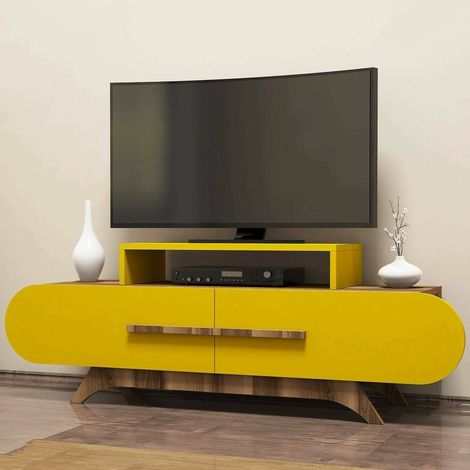 Mueble para TV Nesatm, 2 estantes, 3 compartimentos, 2 puertas, 145x37x50h cm, nogal marrón (1/4)