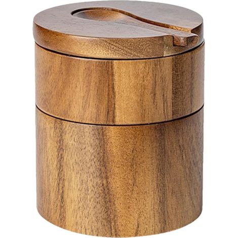 Boîte à sel en bois, récipient à sel avec cuillère intégrée, bol rond de cave à sel, boîte à sel double couche, boîte à sel et à poivre, bol de conservation du sel, support de sel de cuisine, (1/5)