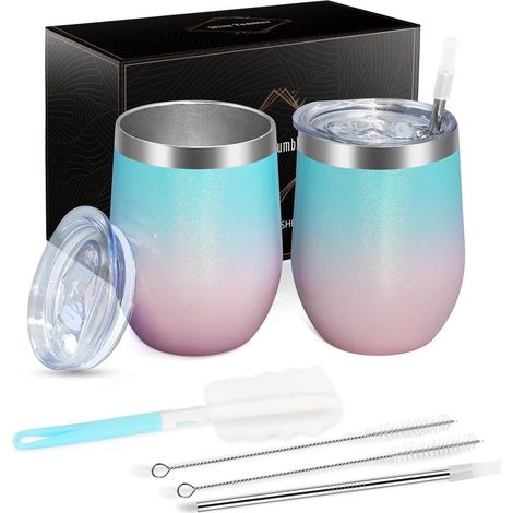 Verres à vin sans pied en acier inoxydable, 2 pièces, avec couvercle, isolés, 350ml, dégradé bleu-rose (1/5)
