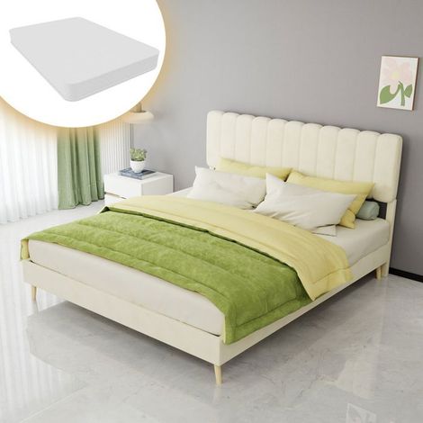 Lit Double 160 x 200 cm tête de lit douce rembourrée revêtement beige matelas inclus base basse (1/5)