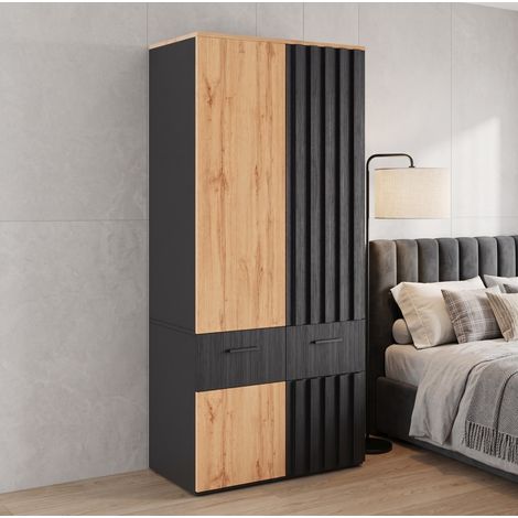 Armoire penderie 90 x 50 x 200 cm en MDF noire décor bois avec rangement - CHICFURN (1/5)