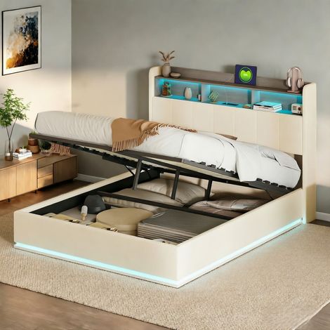 Lit coffre double 140 x 200 Velours Beige - Tête de lit capitonnée avec rangement - Éclairage LED coloré - Port USB - Sommier à lattes