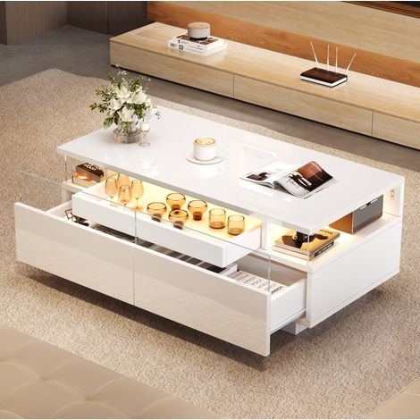 Mesa de centro blanca 90x45x35,5 cm con LED, 2 cajones y bandeja extraíble, MEUBLIV (1/5)
