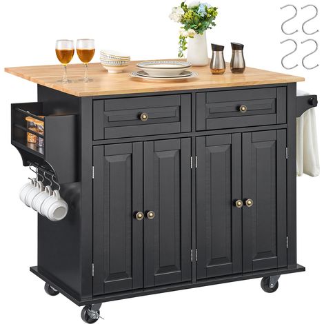 Chariot d'îlot de cuisine, 90 cm, desserte de cuisine mobile de dessus en bois avec armoire de rangement, abattant, support à épices, barre à serviettes, étagère réglable, tiroir, crochets, noir (1/5)