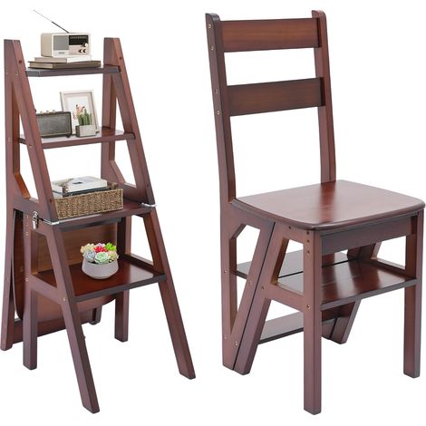 Virellio – Chaise de bibliothèque pliante en bois, charge jusqu'à 100 kg, escabeau à 4 marches, tabouret pliable et support à fleurs multifonctionnel (3 en 1), couleur noyer (1/5)