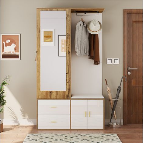 Set Ingresso Bianco e Legno Naturale con Specchio, Panchetta Scarpe e Contenitore Multiuso (1/5)