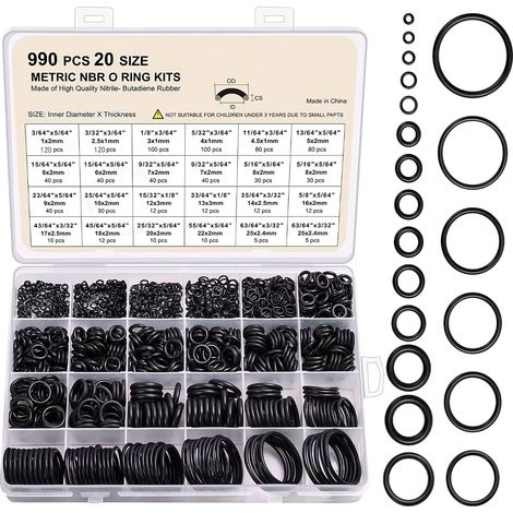 Kit assortimento di 990 O-ring di tenuta per autoveicoli, 20 misure (3-22 mm) per la riparazione di compressori e tubi dell'aria condizionata. (1/5)