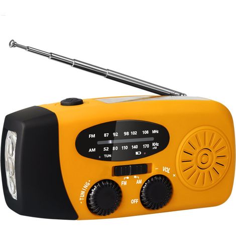 Radio AM/FM d'urgence avec manivelle et alimentation solaire, chargeur de téléphone portable USB rechargeable et lampe torche LED orange. (1/2)