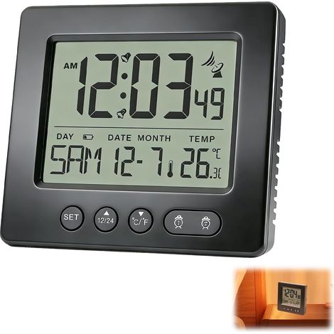 Réveil Numérique, Horloge Réveil Numérique Radio Pilotée avec 2 Alarmes Fuseaux Horaires Réglables Lumière Température et Fonction Affichage Date Snooze Grands Chiffres 7 Langues avec 2 piles AAA Noir (1/5)