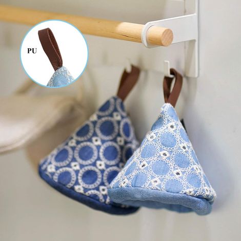 Lot de 2 mini maniques de cuisine bleues brodées à la main, résistantes à la chaleur, avec doublure en coton, pour barbecue, cuisine, four et micro-ondes. (1/5)