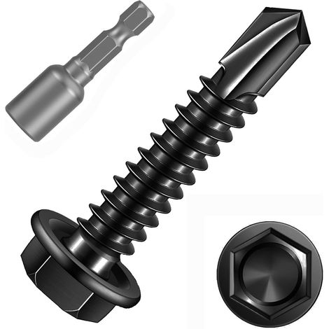 100 Pièces Vis Autoforeuse Metal Noir,M4,2x16mm Vis à Tôle Autotaraudese à Tete Hexagonale et Autoperceuse Autoperforante Inox 410 avec 1 Bits pour Aluminium Bois Plastique. (1/5)