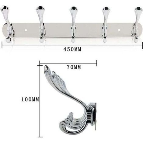 Bathroom coat rack, wall-mounted with 5 hooks - stainless steel - silver - 45 x 7 x 10 cm (1/3)