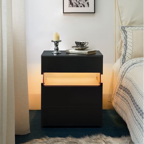 Comodino LED a 3 cassetti in legno ingegnerizzato e MDF nero HAVRYA (1/5)