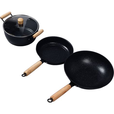 Lot de 3 poêles à frire en fonte, marmites en bois, antiadhésives, pour la cuisine. (1/5)
