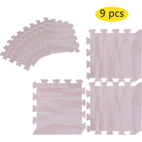 Lot de 9 tapis de sol souples en mousse imitation bois (30 x 30 cm) pour le sport et la maison, aspect bois blanc. (1/5)