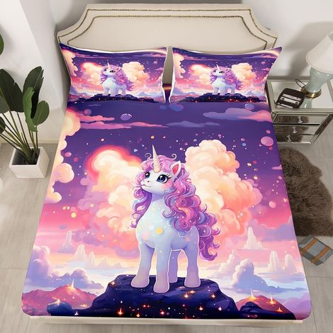 Drap Housse Fille 90x190 Licorne, Drap-Housse 1 Personne Enfant Licorne Violet Kawaii pour Princesse, Drap de Lit Arc-en-Ciel Mignon, Housse de Matelas Galaxie Ciel Étoilé (1/5)