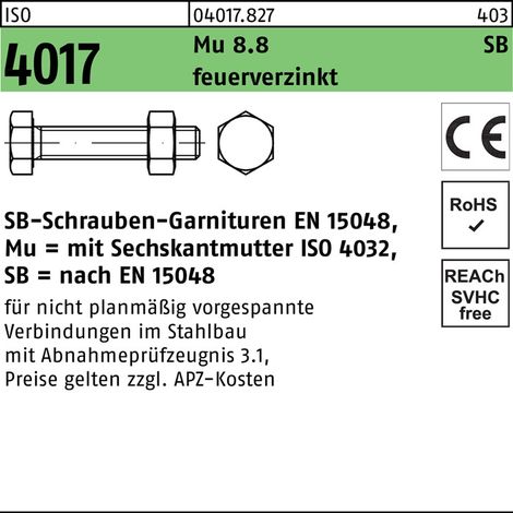 Vis à tête hexagonale ISO 4017 VG écrou M20x 70 8.8 galvanisée à chaud SB 25 pièces