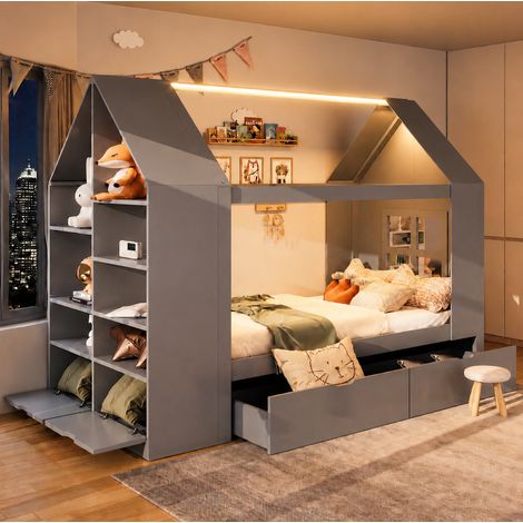 Letto per bambini 90x200x154.5 cm, design a casetta con LED e 2 cassetti, vani portaoggetti, legno massello e MDF grigio (1/5)