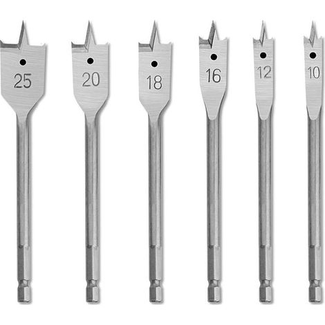 Jeu de 6 Forets Plats à Tige Hexagonale 10-25mm en Acier au Carbone Robuste pour Travail de Bois, Foret Plat Durable Lames pour Coupe Perforer Contreplaqué Plastiques Panneaux Aggloméré