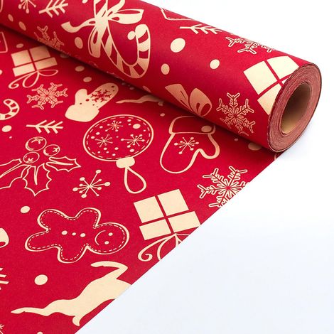 Rouleau Papier Cadeau - 50 cm x 14 m - Rouge Motifs Noël - Recyclable - Idéal Fêtes Anniversaires Décorations - 1 Pièce (1/5)