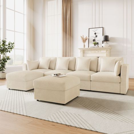Sofá rinconero modular 6 plazas en terciopelo acanalado beige, reposabrazos regulables (1/5)