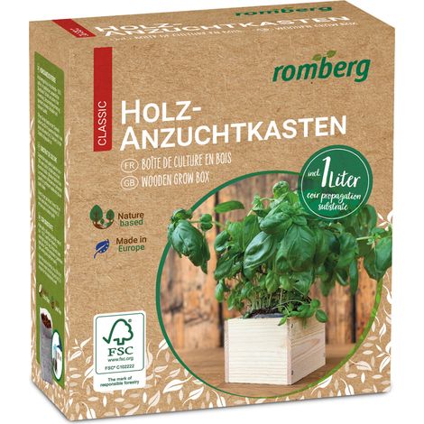 Romberg Holz-Anzuchtkasten (ca. 11x11x9 cm) inkl. 1L Erde, FSC-zertifiziertes Holz (1/2)
