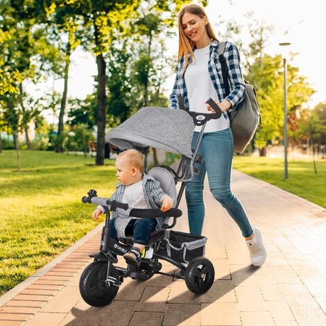 Trike poussée 4-en-1 1-5 ans - mobilier enfant - rangement - frein - poussette vélo - auvent sécurité 5 points - gris
