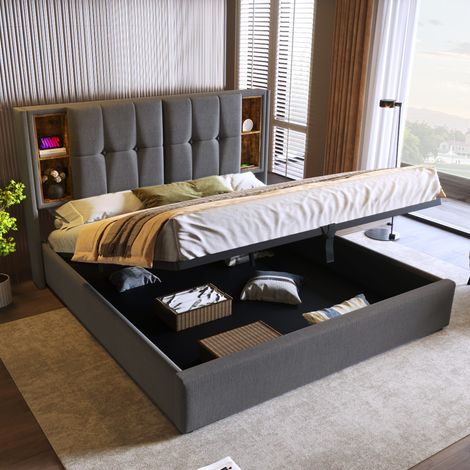 CHICFURN Letto 180x200 cm in cotone grigio con contenitore e ricarica wireless, senza materasso (1/5)