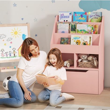 Librería infantil (60x29.9x90 cm), con cajón con ruedas, 3 estantes, MDF, rosa (1/5)