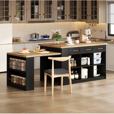 Isola cucina multifunzione con tavolo da pranzo estraibile, 150 x 90 x 90 cm, nero OKMYHOME (1/5)