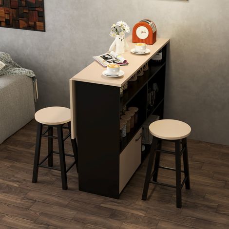 Ensemble table de bar 116x70x89,5 cm en contreplaqué noir avec rangement, gain de place – MEUBLIV (1/5)