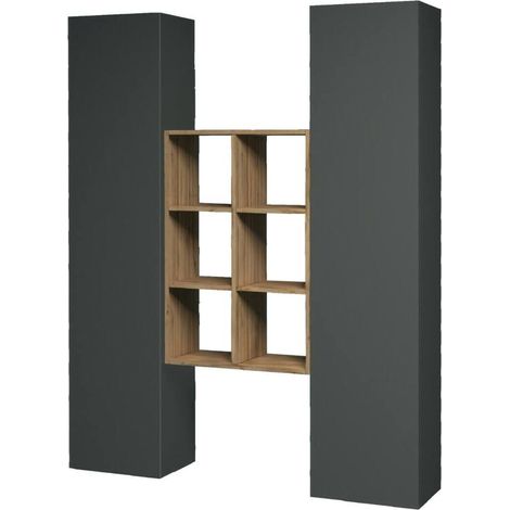 Dmora - Placard Ddeluc, Ensemble de salon avec 2 portes et étagères, Buffet de salon, Buffet de cuisine, 100% Made in Italy, cm 140x30h180, Anthracite et Érable (1/5)