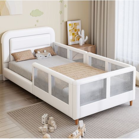 Lit enfant 90x200 cm avec barrières de sécurité et tête de lit rembourrée, en velours blanc, sans matelas (1/5)